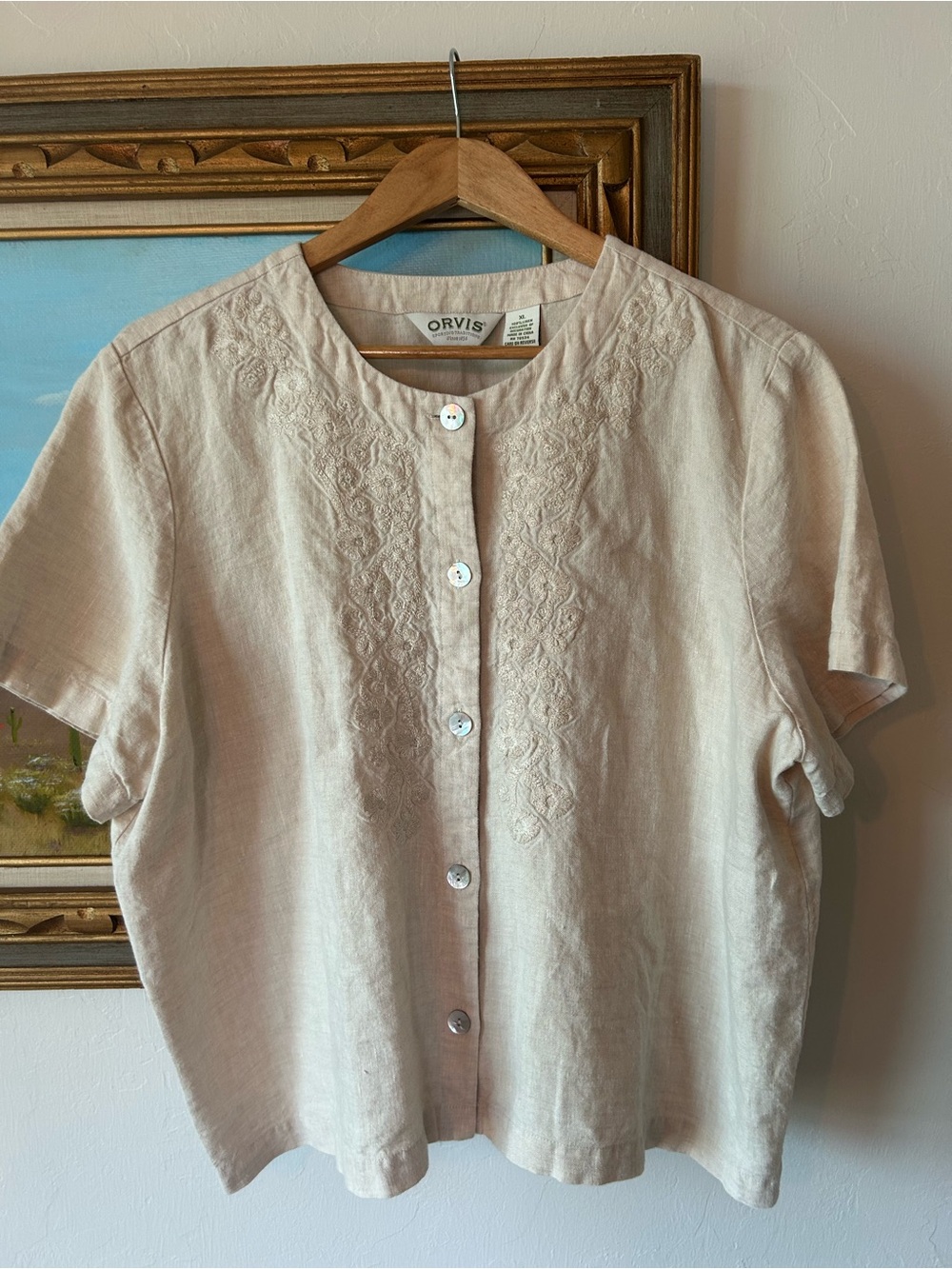 Orvis Women's Short-Sleeve Embroidered Linen Button-Up - Cream